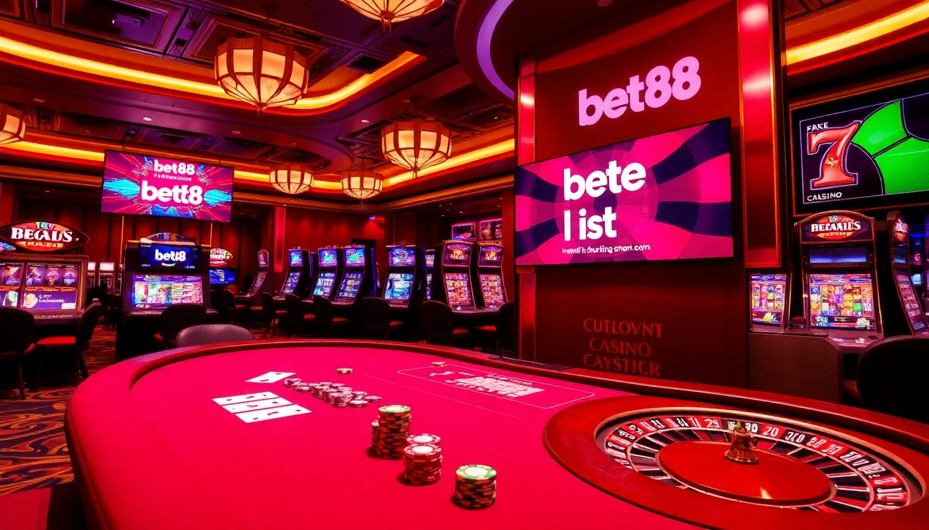 Bet88 casino gaming scene with poker tables, chips, and a roulette wheel.