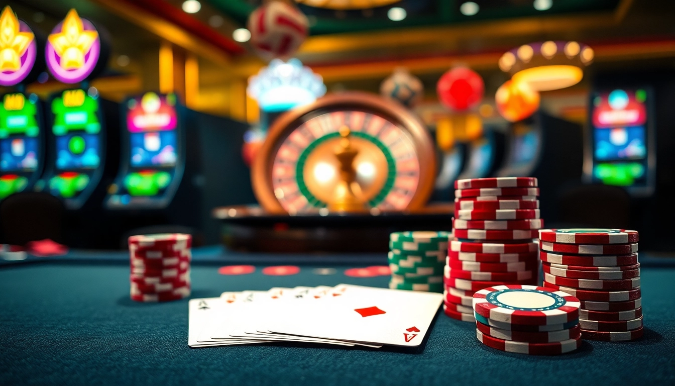 Gamble with dh88 at a luxurious poker table surrounded by vibrant roulette wheels and slot machines.
