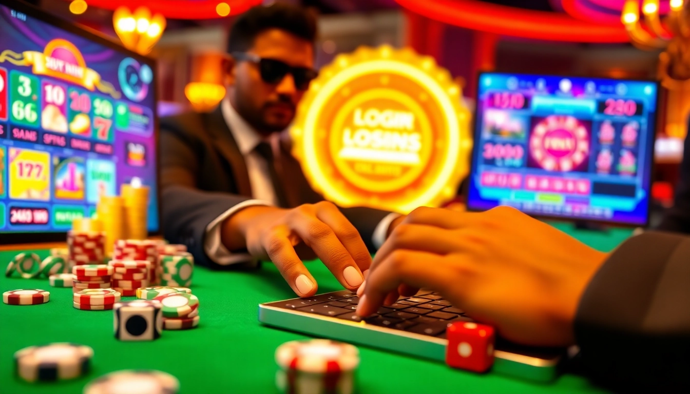 Logging into okfun with excitement at a luxurious online casino setup featuring poker chips and roulette wheels.