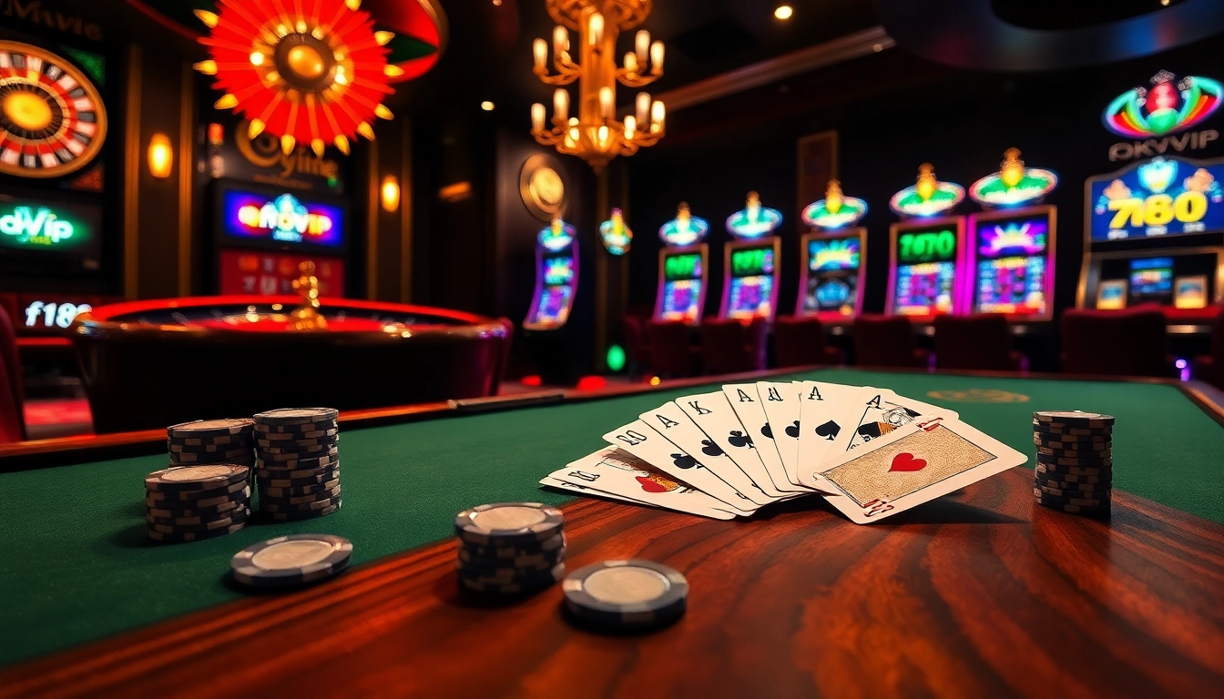 Engaging action at f168 okvip’s casino table with vibrant poker chips and cards.