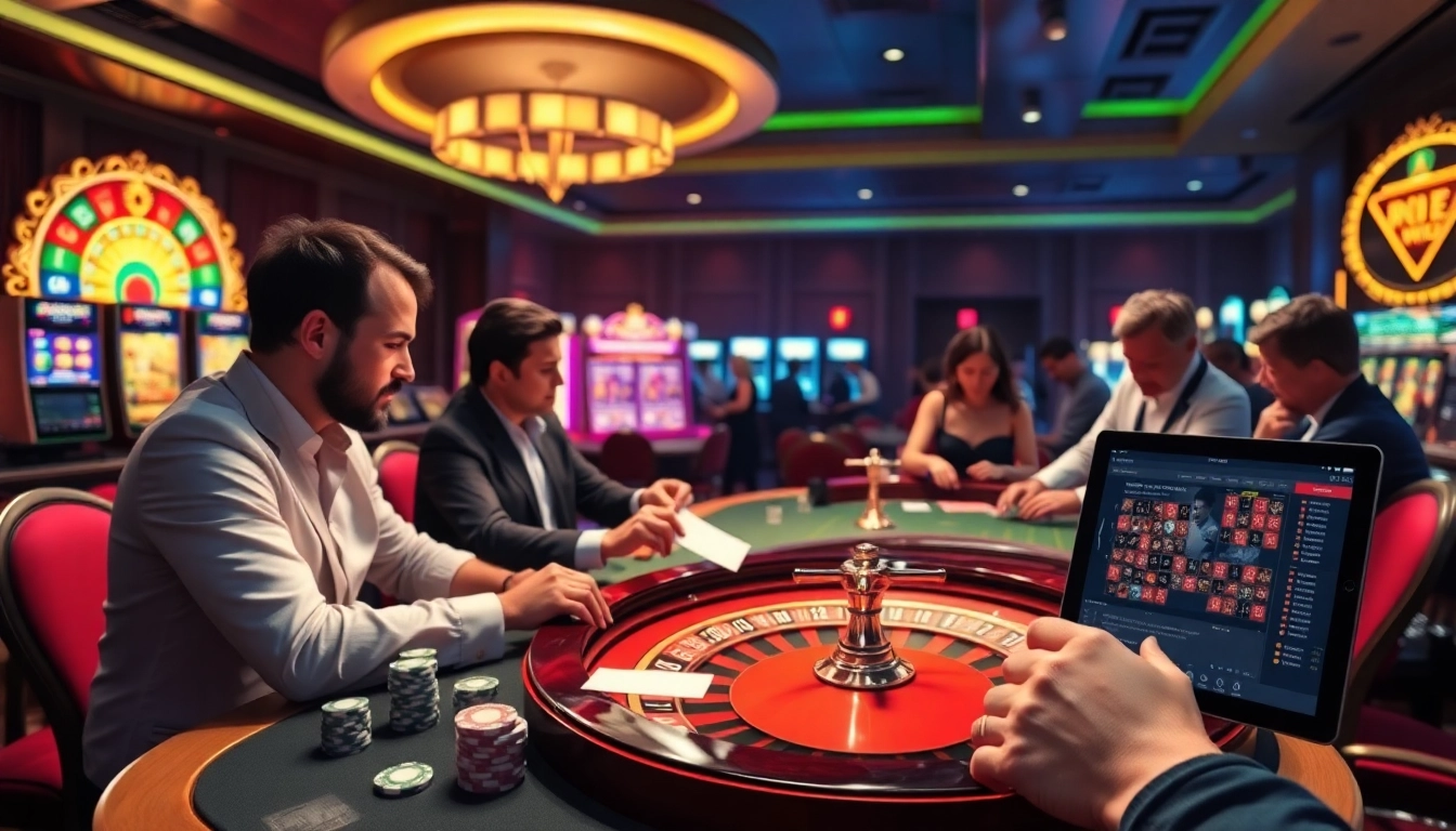 Players engaged in thrilling games at cm88 online casino with vibrant tables and slot machines.