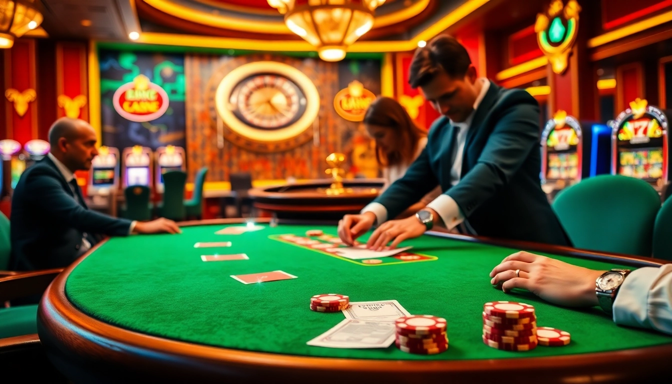 Experience the excitement of f168 okvip with players at a vibrant poker table in a luxurious casino.