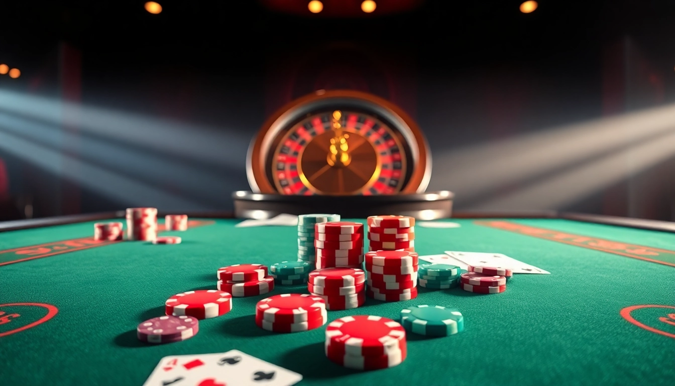 Experience the thrill of nk88 with professional casino gaming setups filled with vibrant poker chips and cards.