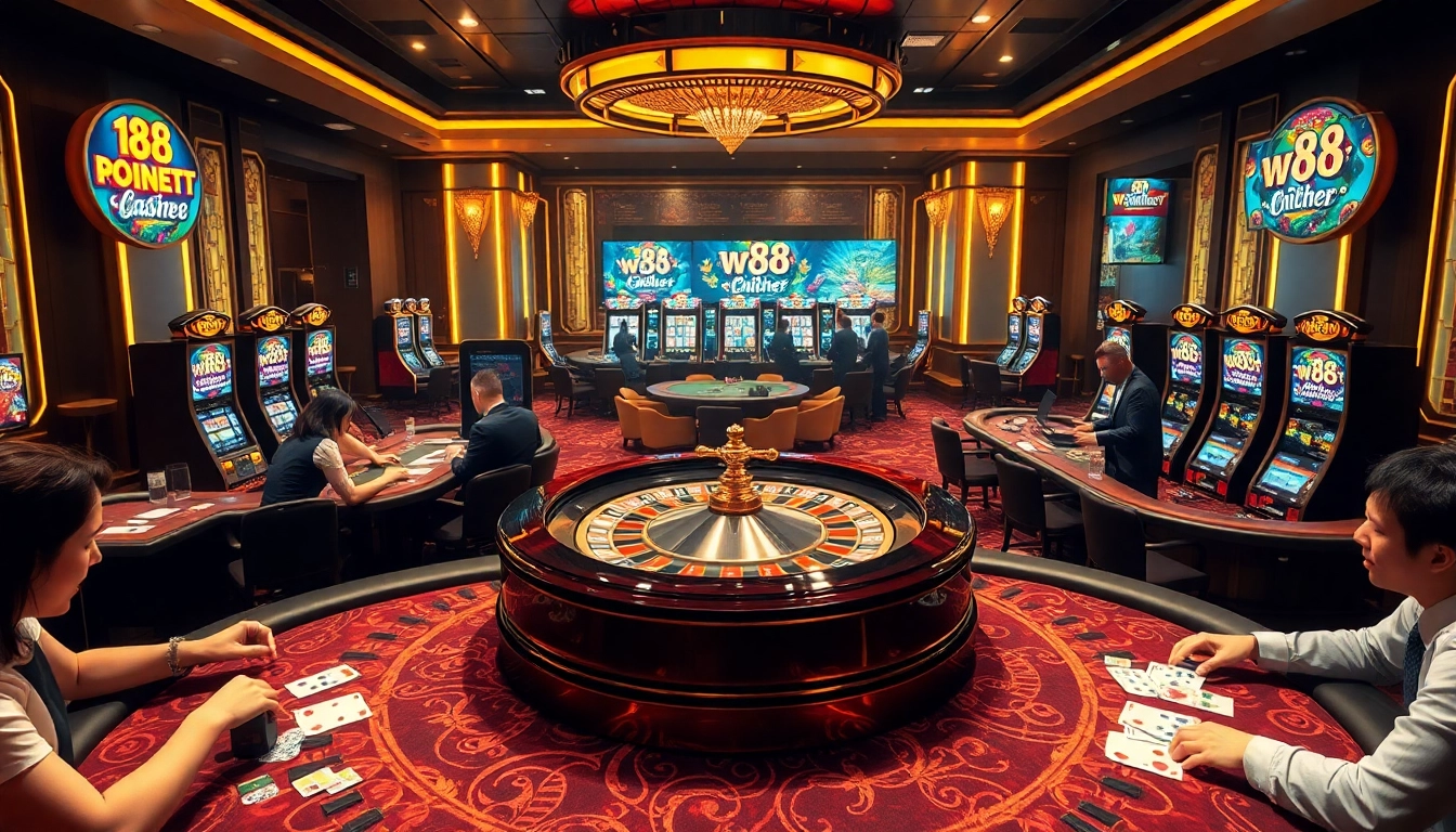 Players engaging with the thrilling atmosphere of w88 casino tables, showcasing exciting betting actions.