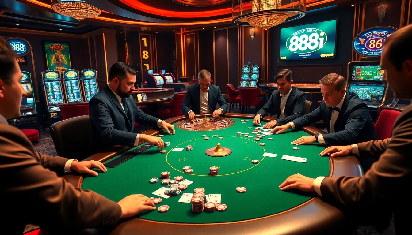 Professional gamblers strategizing at a poker table in a vibrant casino featuring 88i elements.