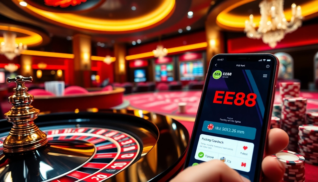 Experience EE88 excitement at a vibrant casino with roulette, poker tables, and colorful chips.