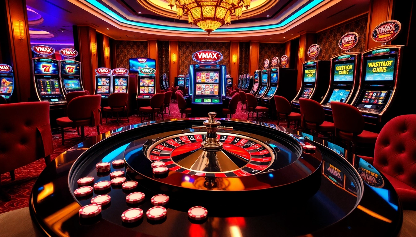 Players enjoying VMAX online gambling at a luxurious casino table with vibrant slots and chips.