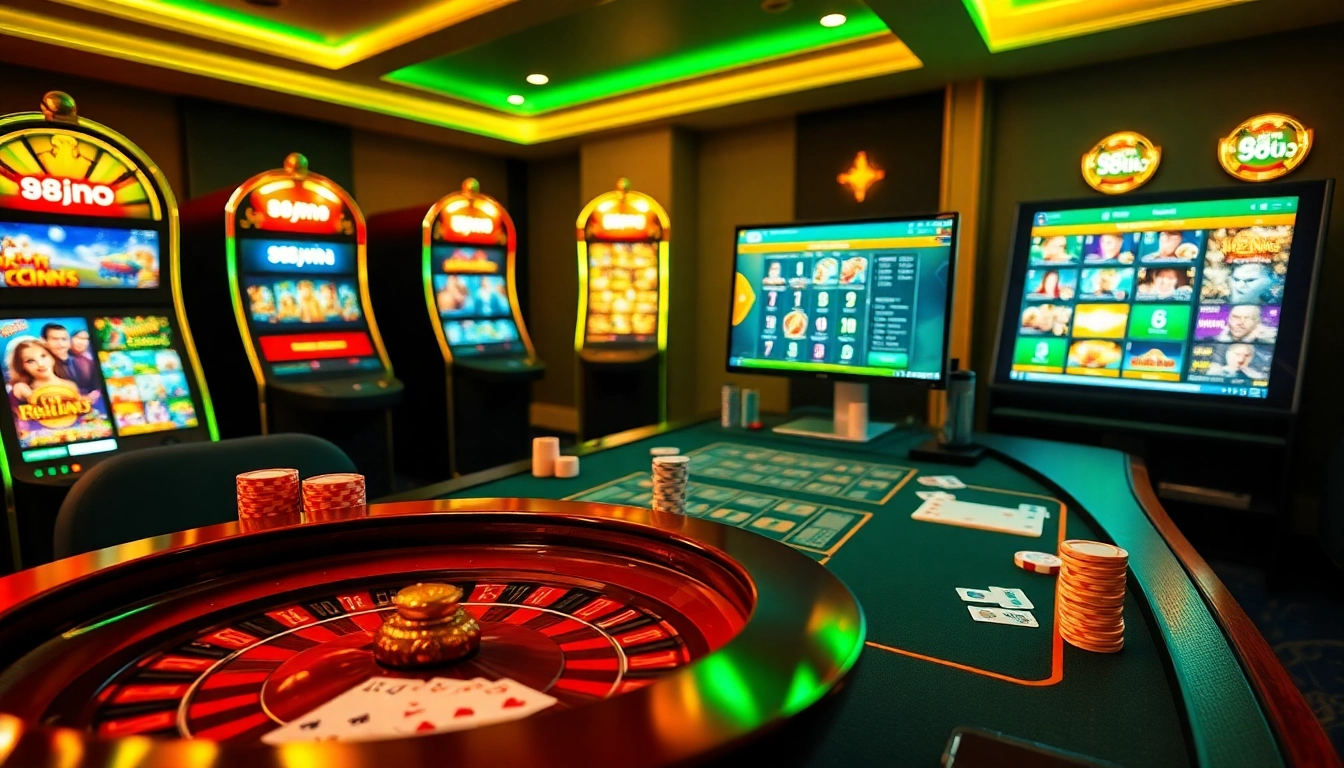 Experience thrilling gaming action with 98win. com in a luxurious casino environment featuring poker chips and cards.