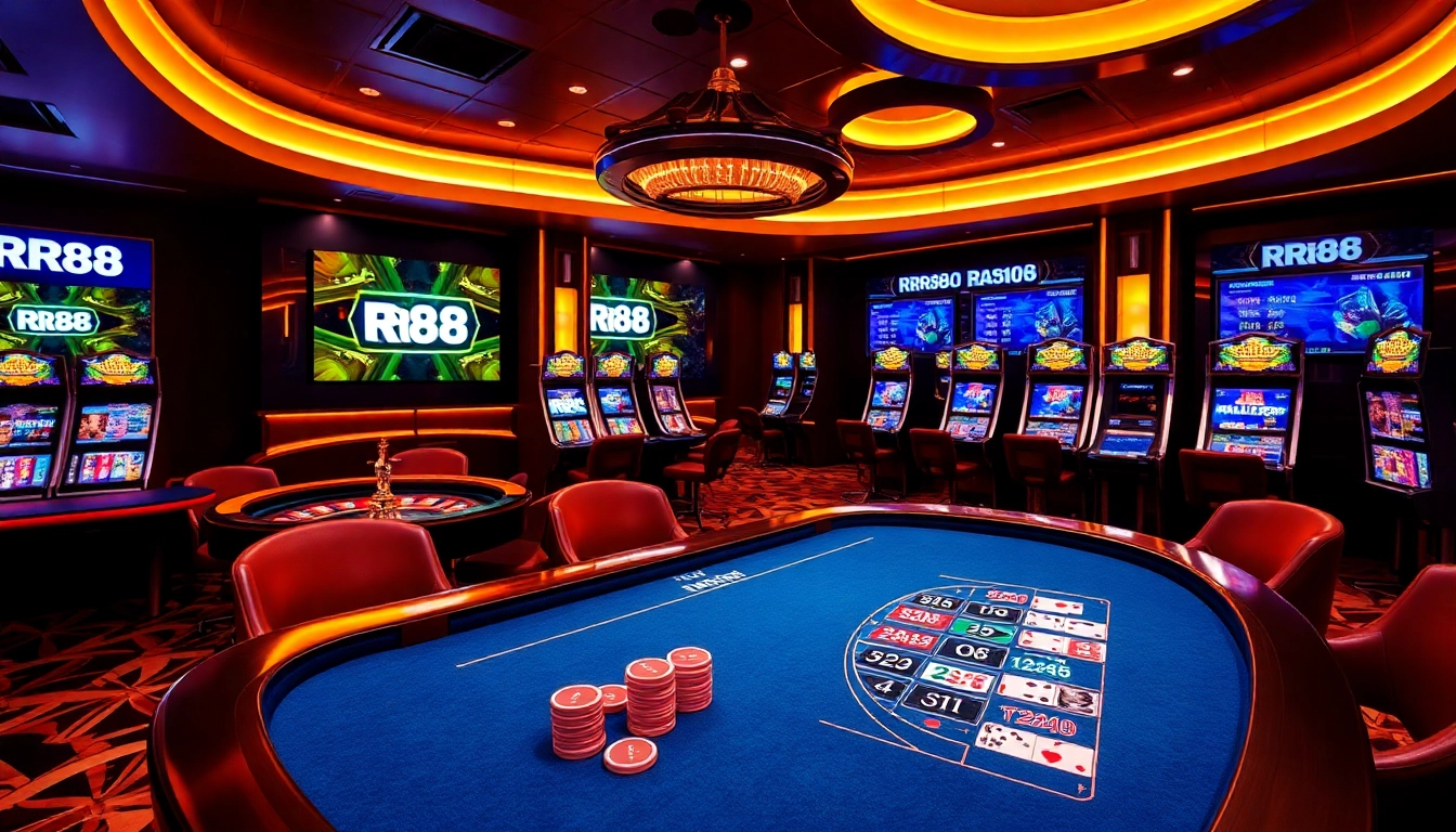 RR88 offers an exciting online gambling experience with vibrant casino visuals of poker, roulette, and slots.