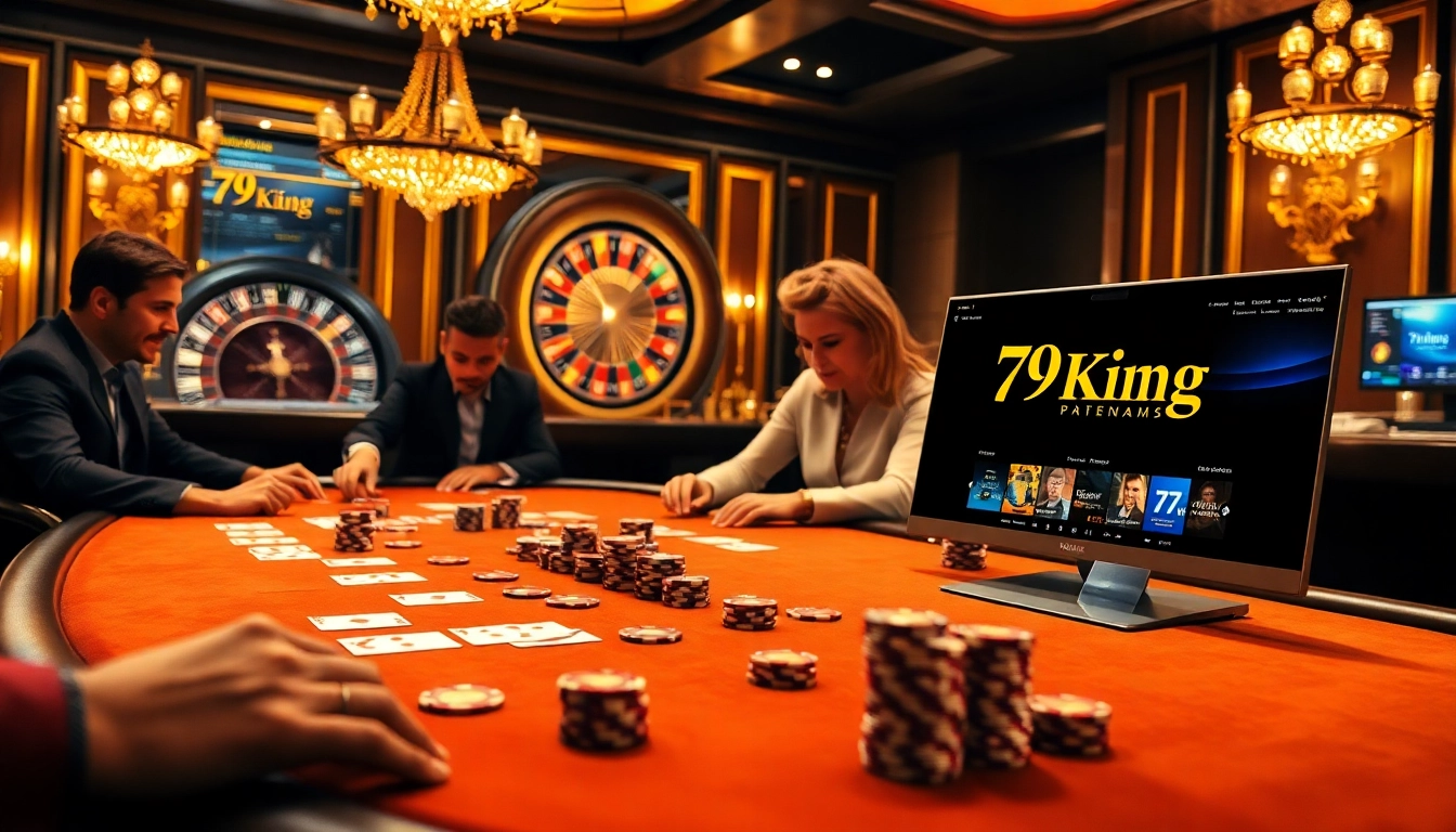 79king players enjoying high-stakes poker at an elegant casino table, showcasing excitement.
