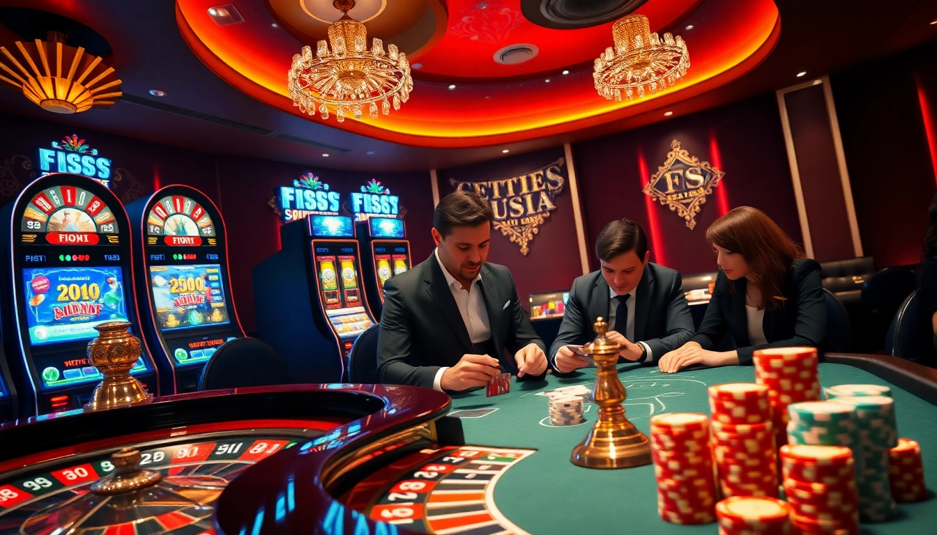 Engage in exciting online gambling at fb88 with vibrant poker tables and slot machines.