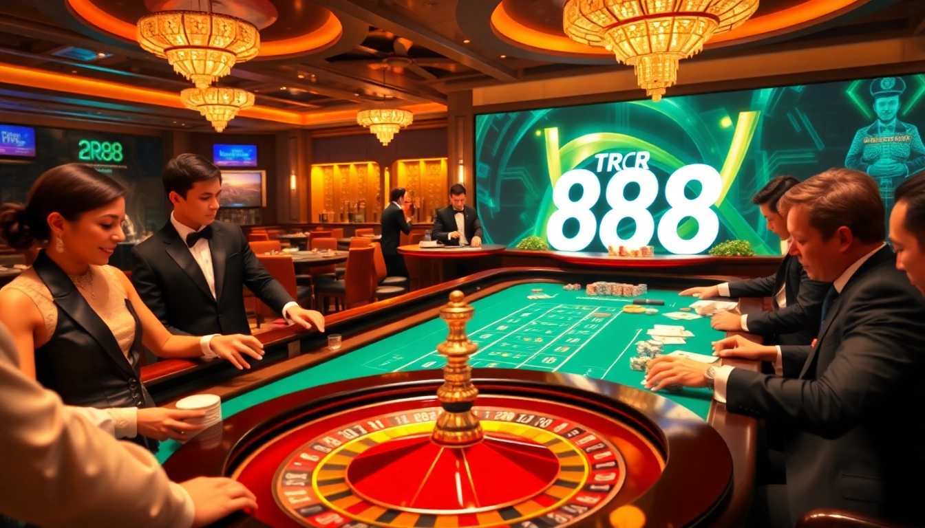 Experience the thrill of gambling at RR88 with a vibrant roulette table and engaged players.