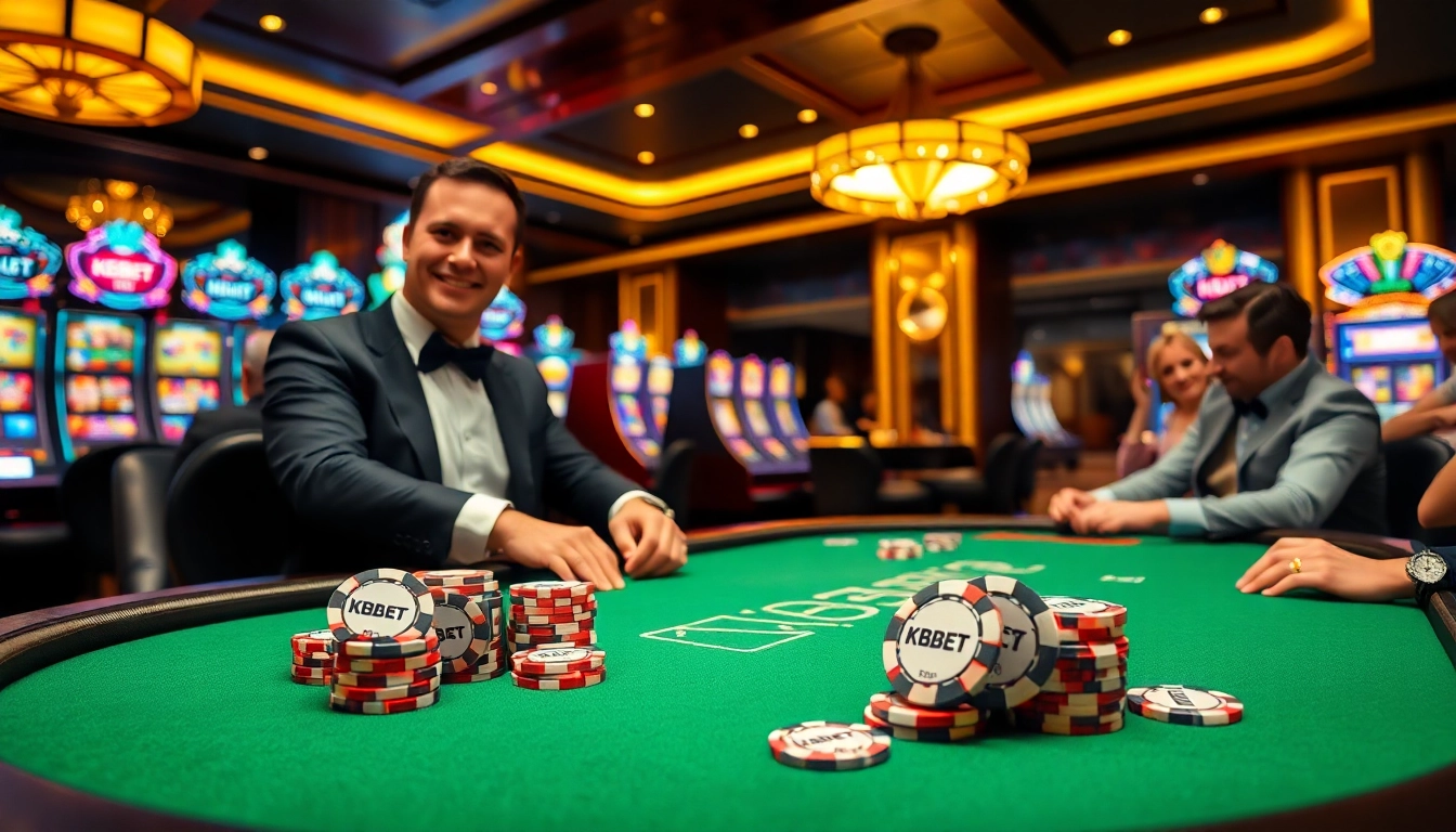 Engaged gamblers enjoying a thrilling poker game at KBBET's luxurious casino.