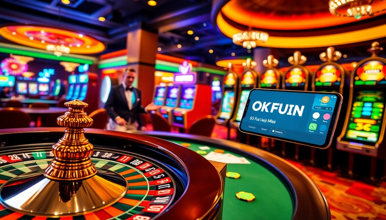 Experience the excitement of online gambling with link okfun showcased at a luxurious casino scene.