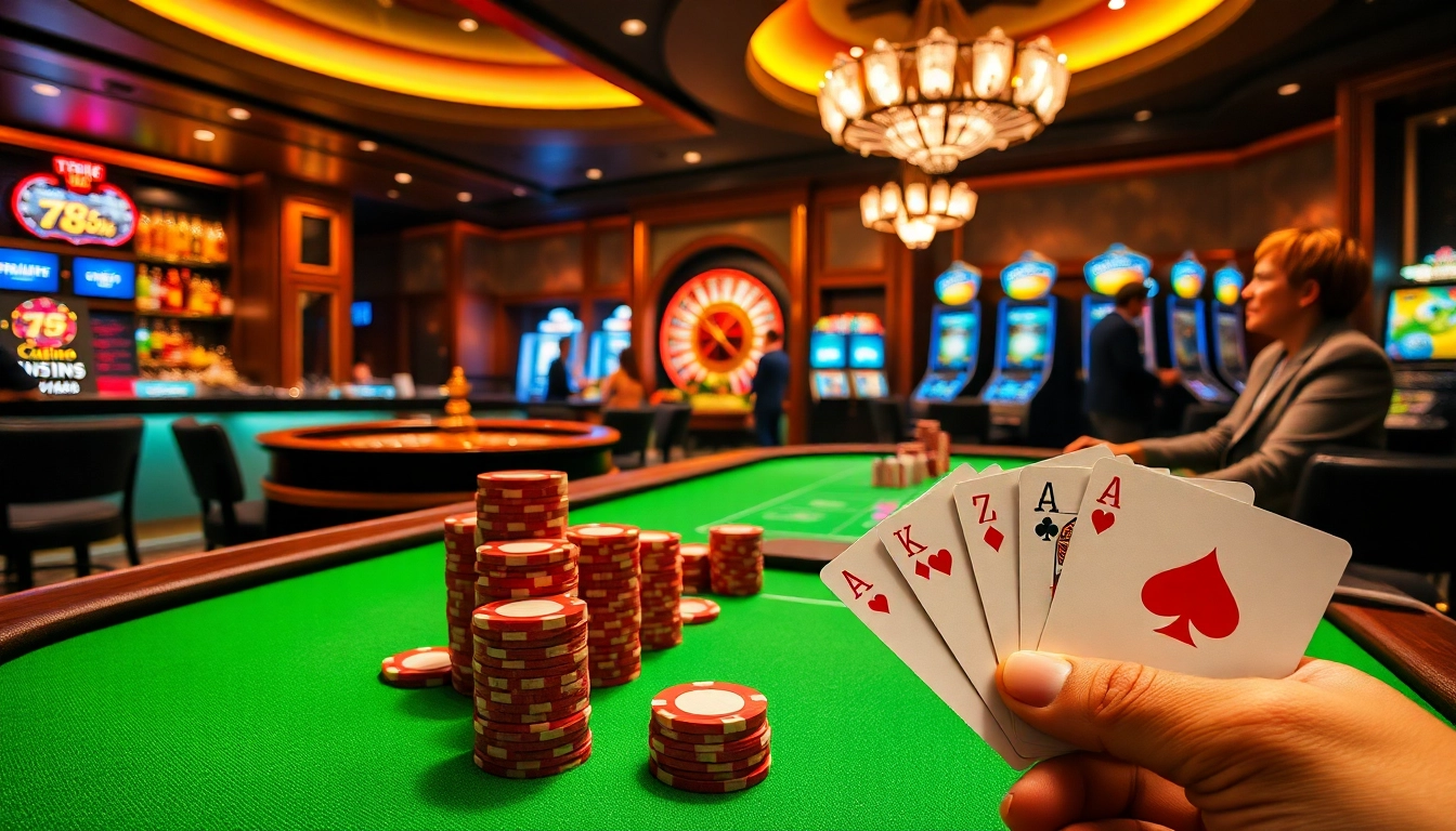 Exciting casino scene showcasing players at 789club poker tables, with colorful chips and lively atmosphere.