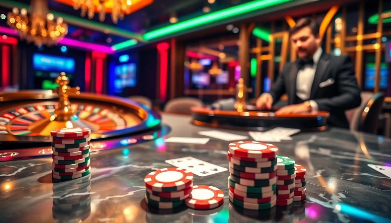 Experience the thrill of betting at https://69vn.br.com/ with vibrant poker chips and a roulette wheel.