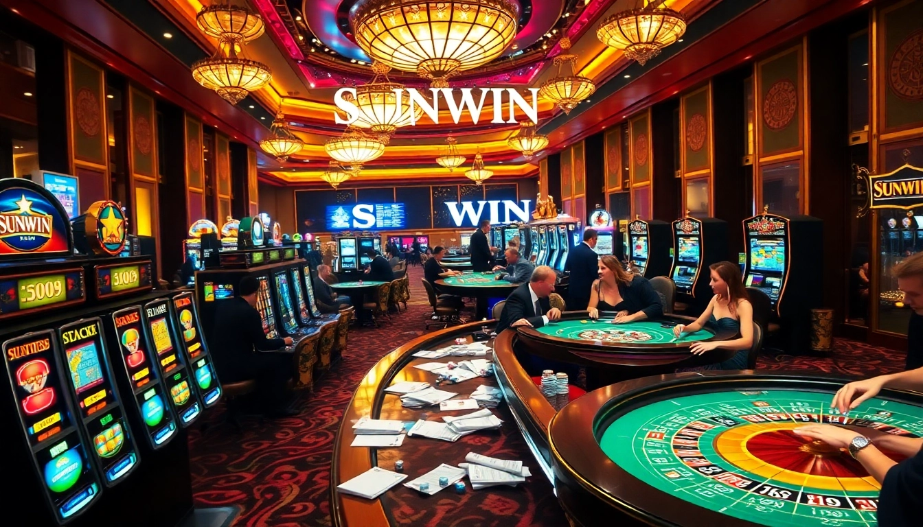 Experience the thrill of SUNWIN at a luxurious casino with vibrant lights and excited gamblers.
