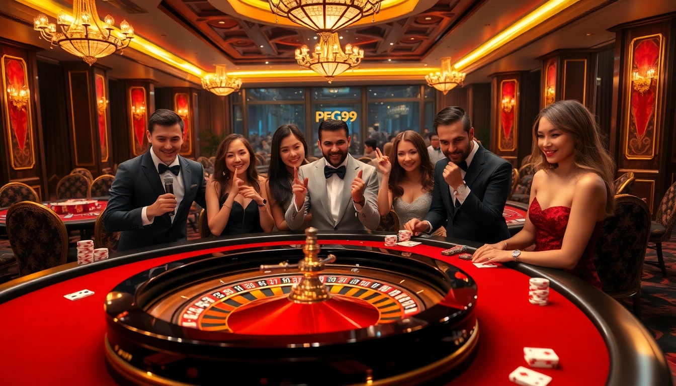 Experience the excitement of Thương hiệu PG99 in a luxury casino setting with poker tables and roulette wheels.