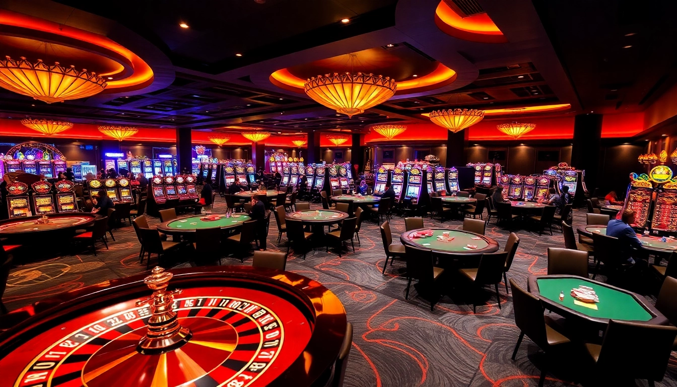 lu88 casino gaming scene with poker tables, roulette wheel, and vibrant slot machines.