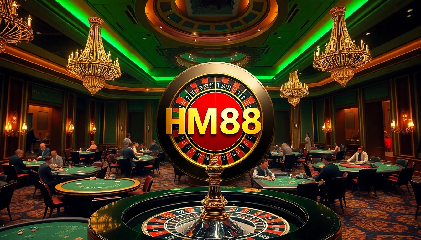 Experience the excitement of gambling at HM88 casino, featuring a luxurious roulette wheel and vibrant gaming atmosphere.