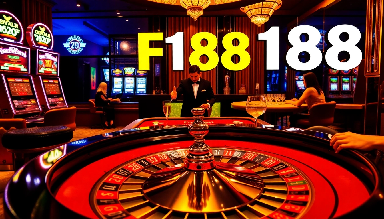 Exciting F168 casino scene with roulette table and vibrant poker chips.