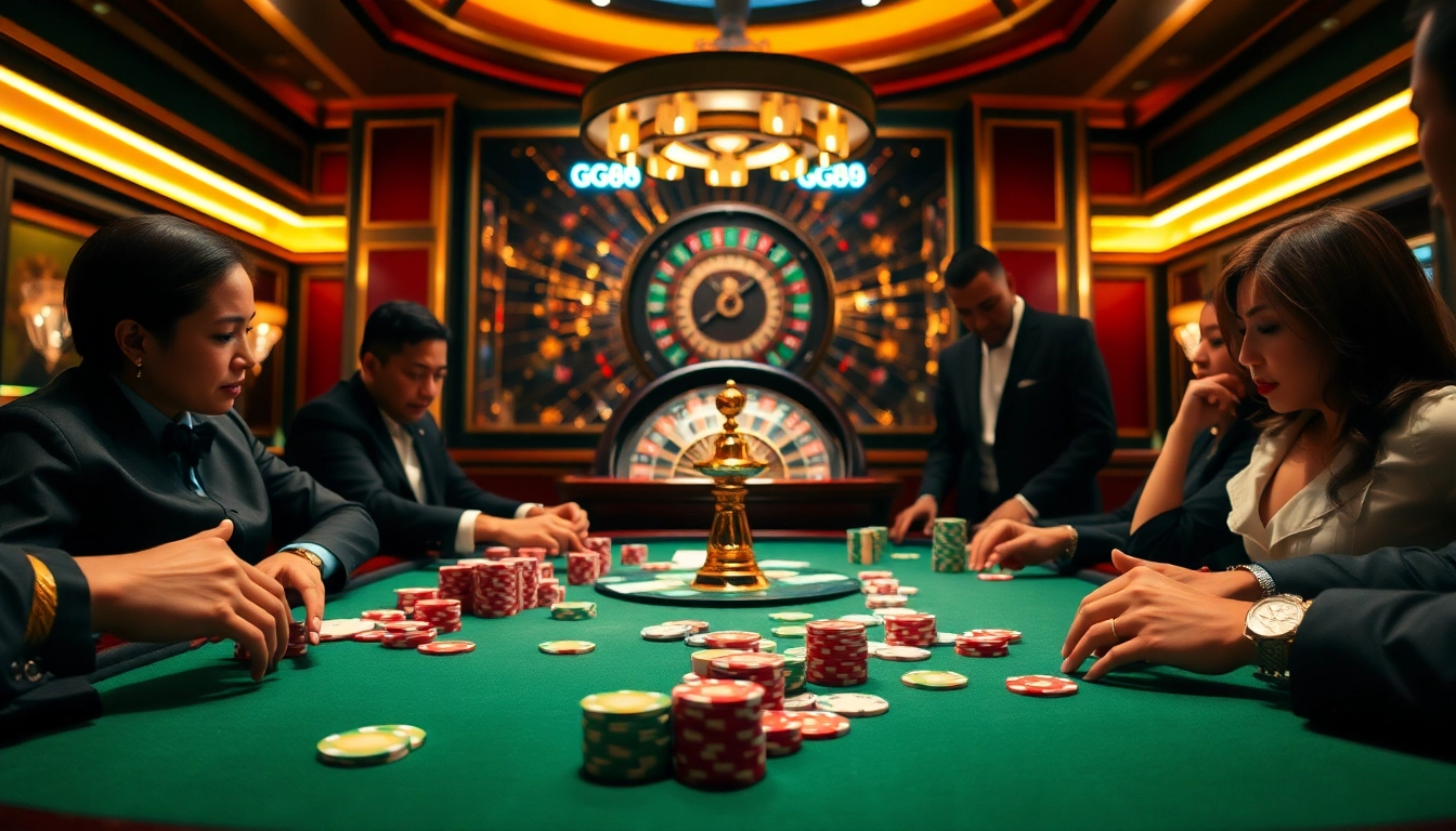 Experience thrilling gameplay with GG88 at an upscale casino table surrounded by excited players.