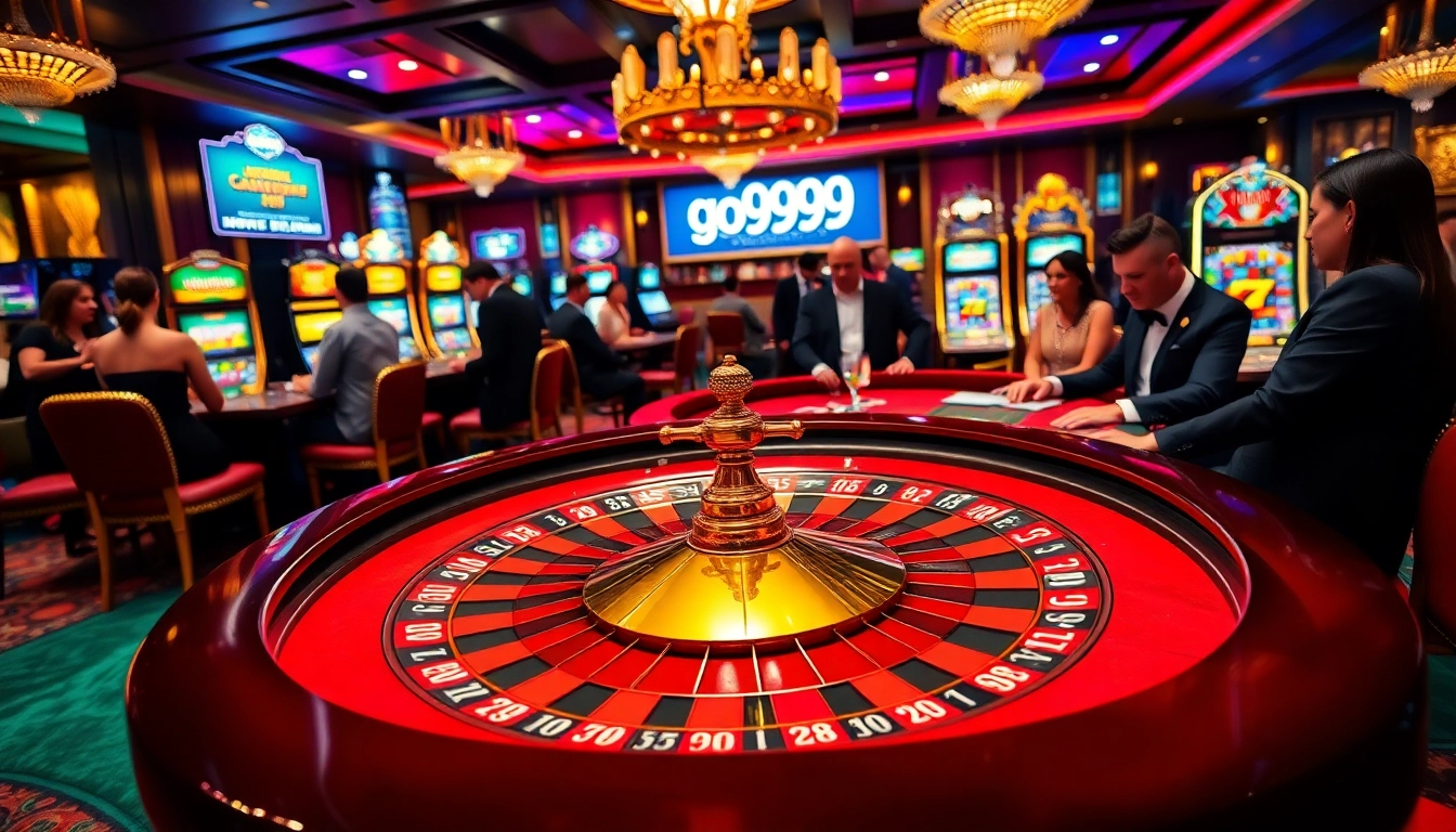 Players try their luck at a roulette table in a luxurious casino setting featuring go99 branding.