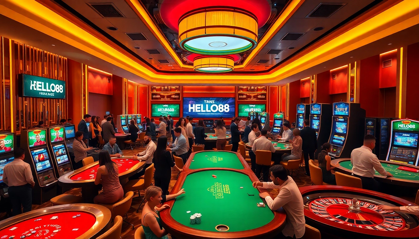 Experience dynamic gambling action at HELLO88 casino with poker tables and slot machines.