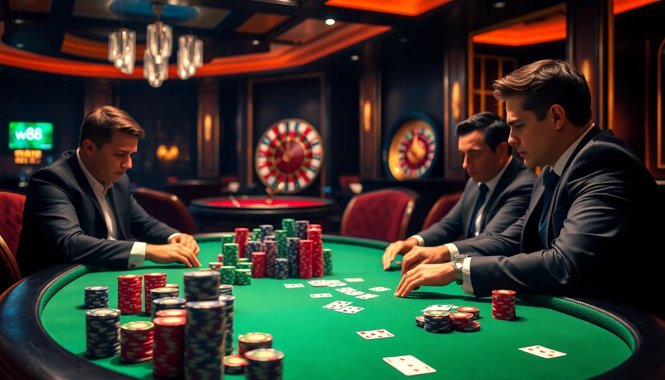 Engaged players strategizing in a high-stakes poker game at w88's luxurious casino setting.