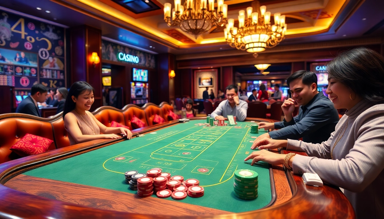 Players enjoying Xóc Đĩa at a lively casino table with colorful chips and an elegant atmosphere.