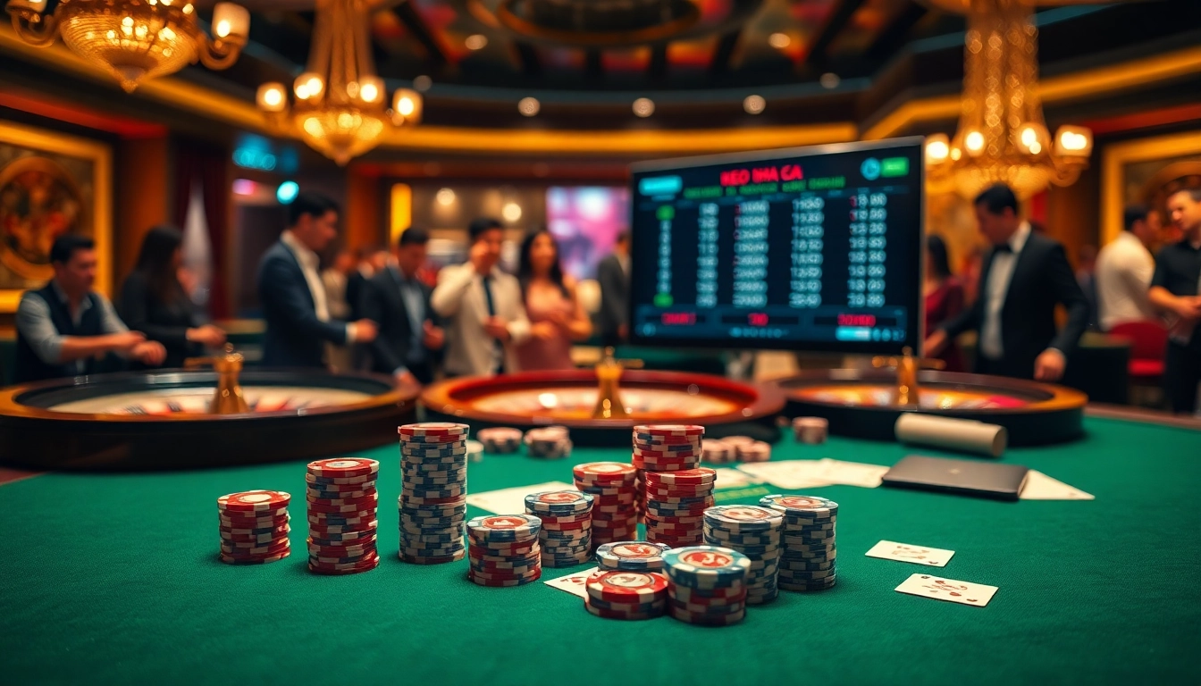 Engaging scene of keo nha cai betting with casino elements, showcasing poker chips and cards.