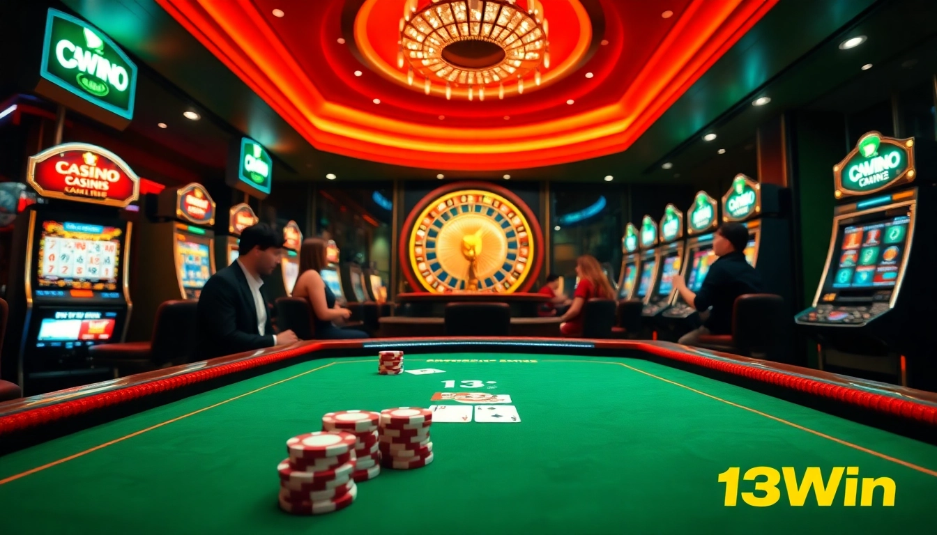 Players enjoying the thrill of casino gaming at 13Win, featuring poker chips and bright slot machines.