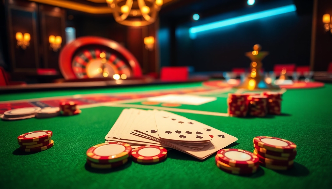 Exciting gambling scene at mm88 casino with poker chips, cards, and a roulette wheel.