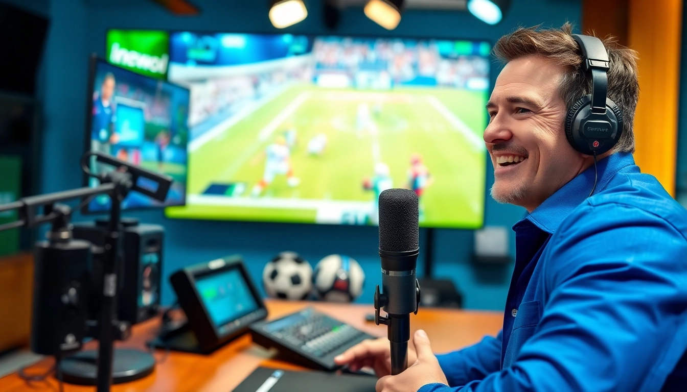 Sports Broadcasting commentator engaged with live audience during an event.