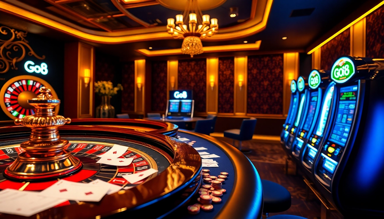 Experience the thrill of the Go8 casino with vibrant poker tables and shining slot machines.
