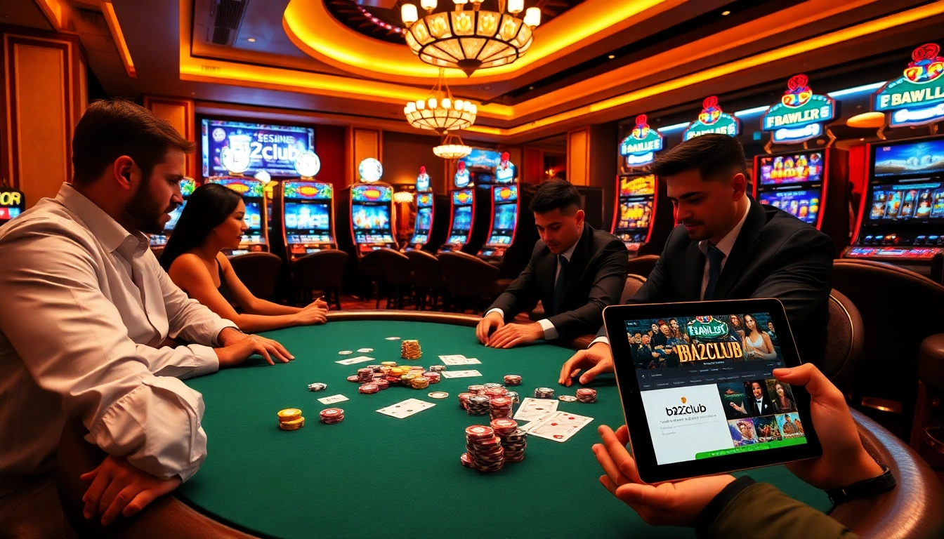 Players enjoying games at b52club's luxurious casino, complete with poker tables and slot machines.