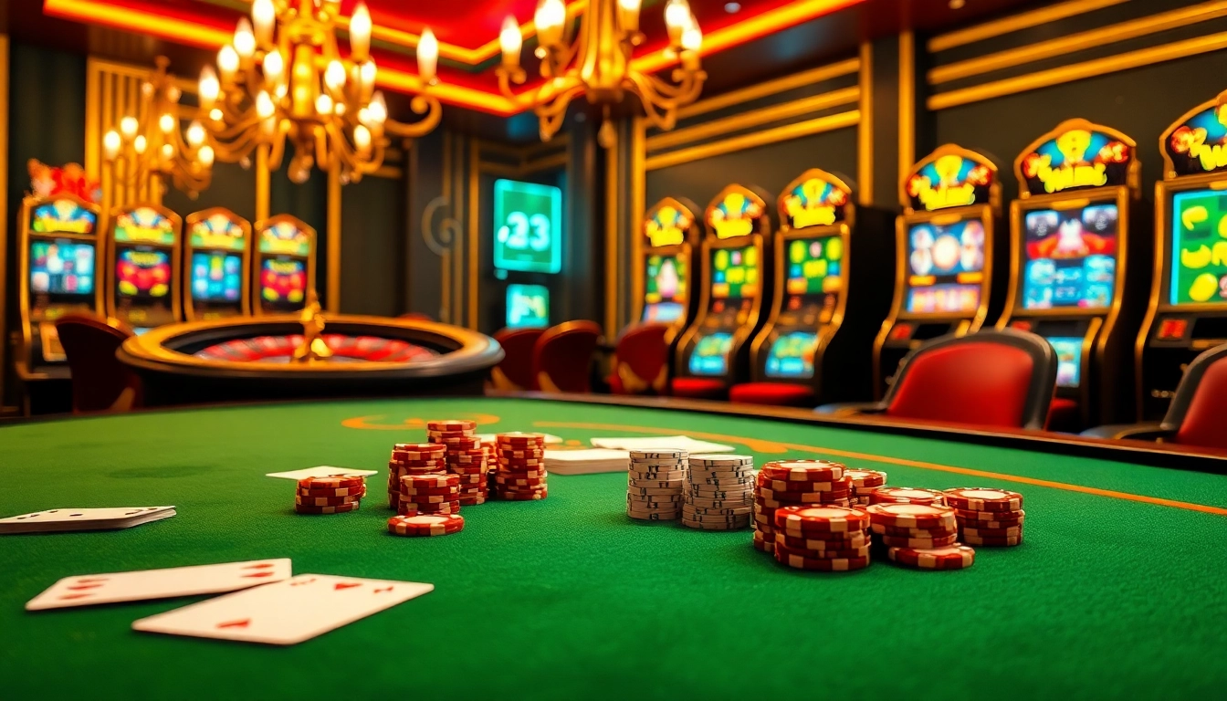 Experience high-stakes gambling action at 33win with lavish casino tables, vibrant slot machines, and poker chips.