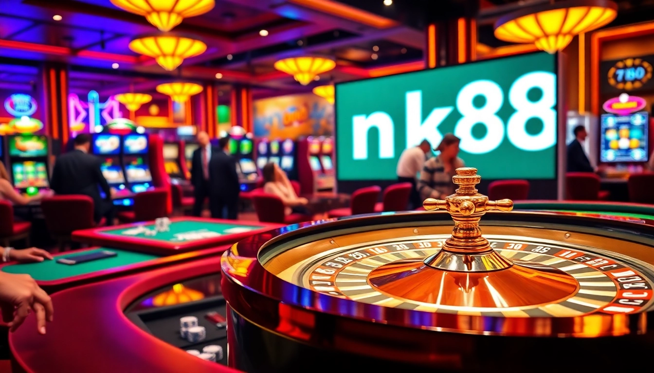 Players engaging at a vibrant roulette table in nk88 casino, surrounded by excitement and luxury.