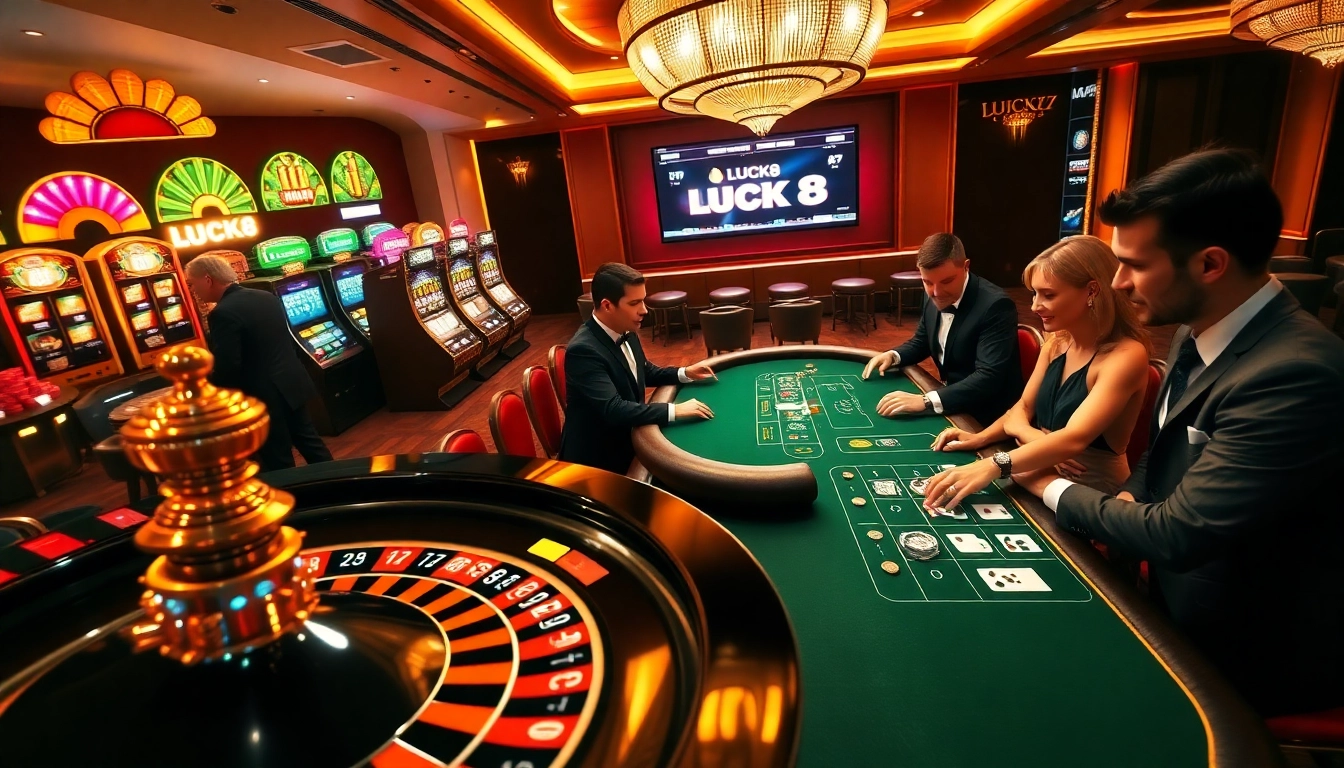 Cảnh casino sôi động của LUCK8 với roulette, poker và người chơi tham gia các cược thú vị.