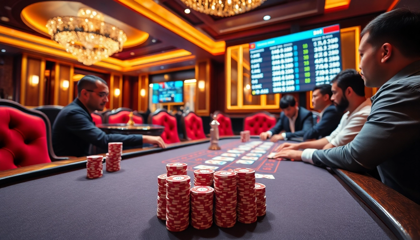 Players engage in a thrilling game at a casino table featuring kp88 poker chips and vibrant gaming elements.