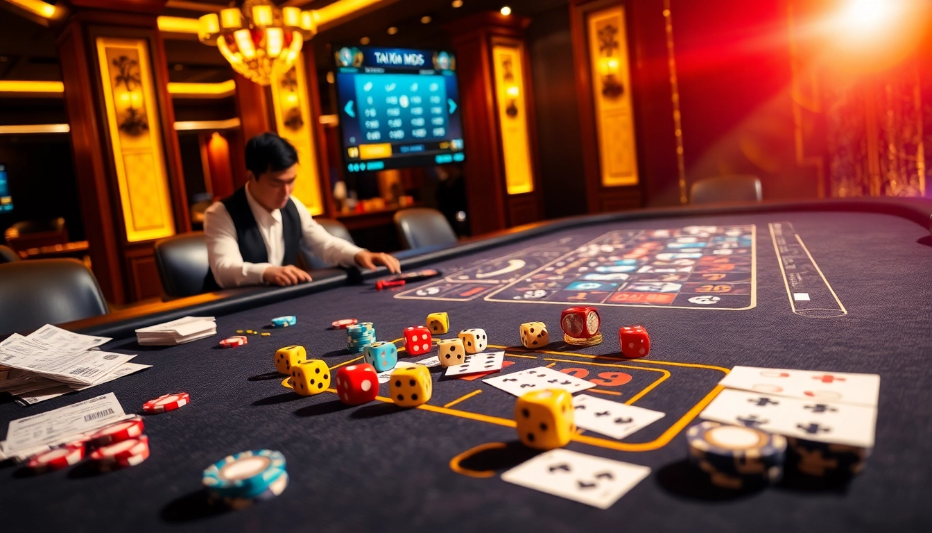 A luxurious casino table showcasing the thrilling game Tài Xỉu MD5 with colorful dice and dynamic betting slips.