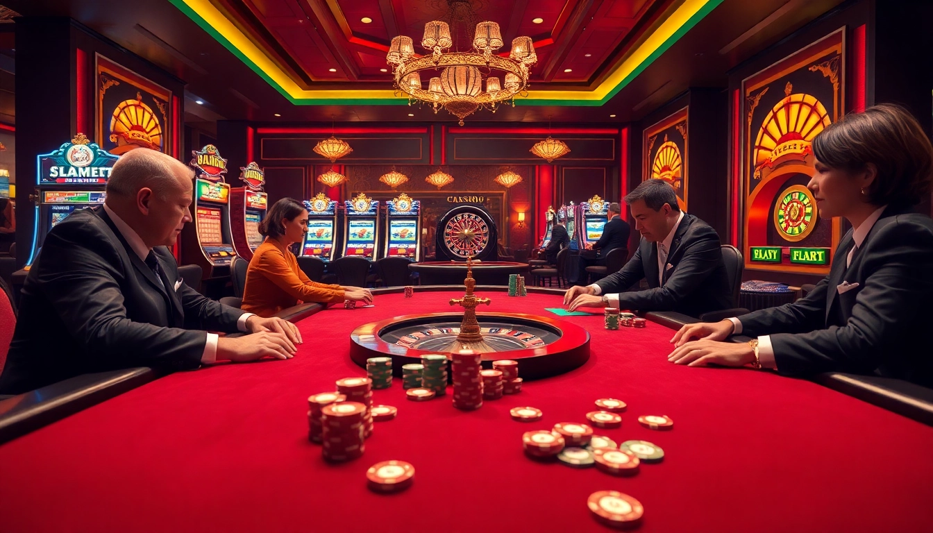 Experience the thrill of high-stakes gaming at ZT9398 with an exciting casino scene featuring poker, slots, and roulette.