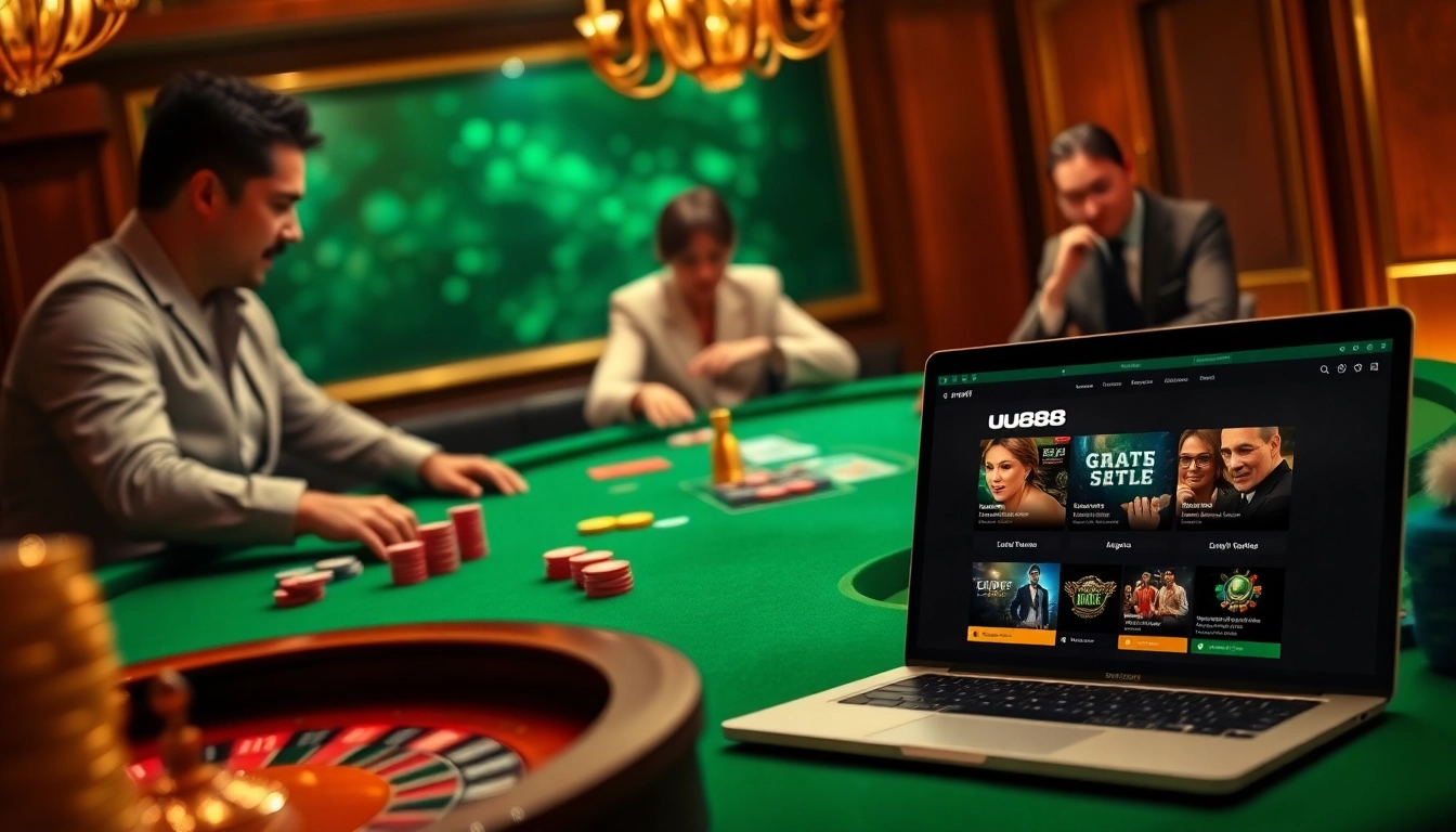 Gamblers enjoying poker at uu88's luxurious casino table, immersed in thrilling gameplay.