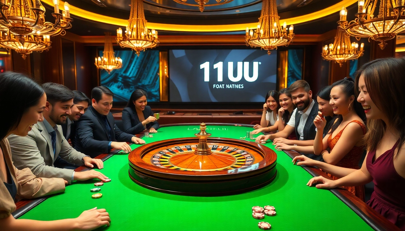 Players betting at a high-stakes 11UU roulette table in a vibrant casino atmosphere.