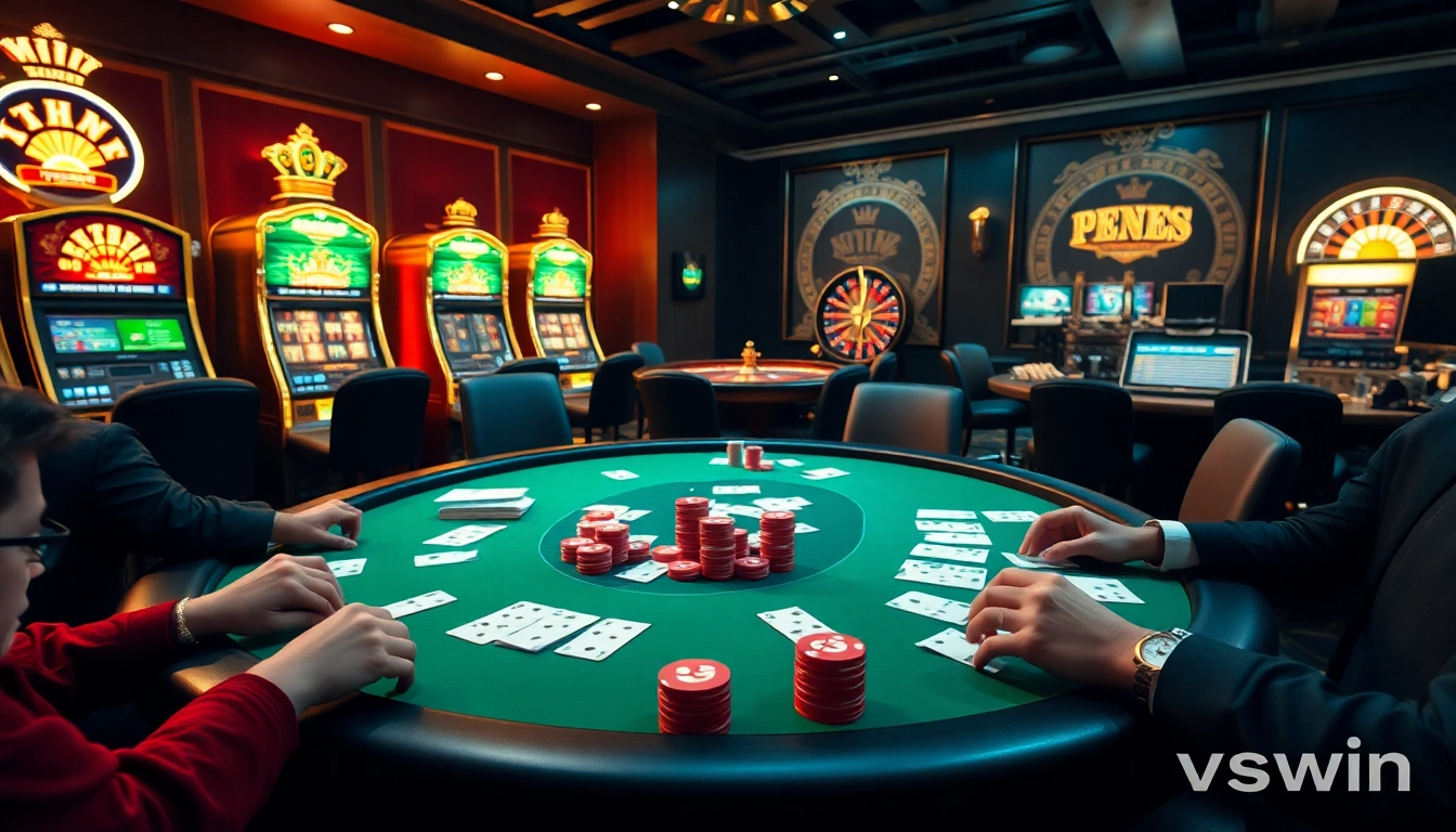 Players engaging in a thrilling poker game at vswin casino, showcasing high stakes and excitement.