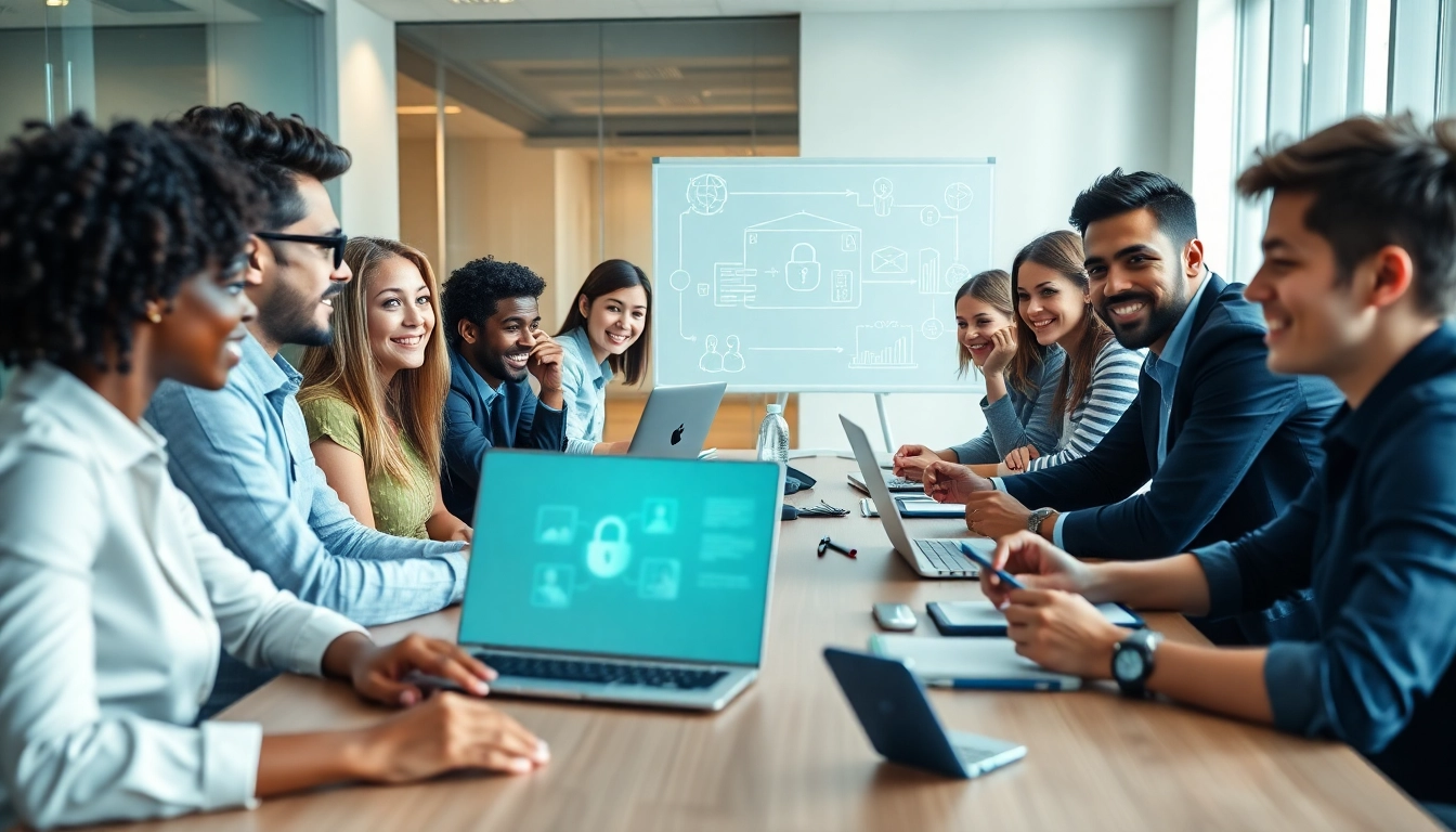 QuickQ官网举办的网络安全解决方案动态会议,展示现代场景中的多元专业人士。