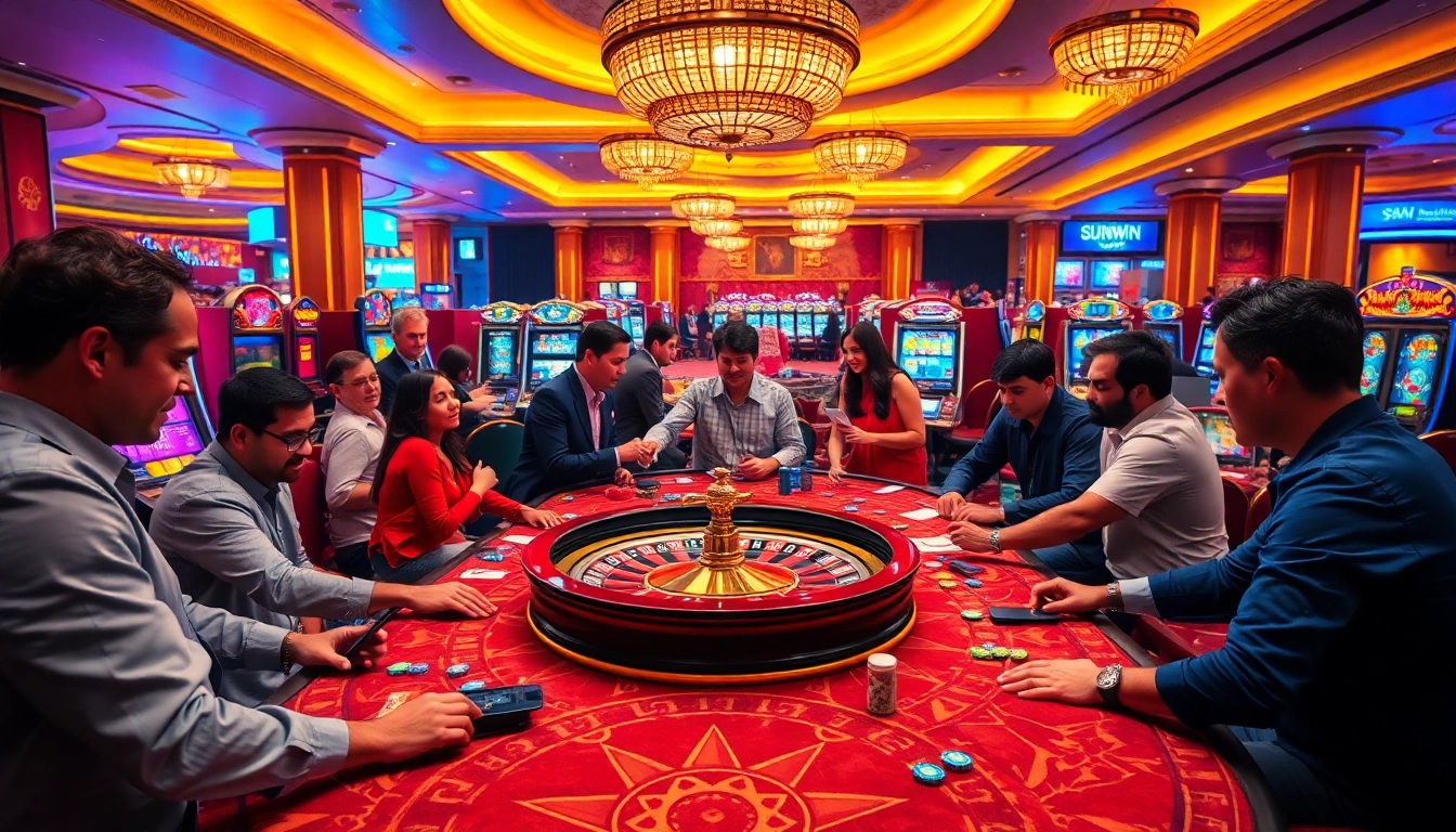 Experience thrilling gameplay at the sunwin casino table with lively players and vibrant slot machines.