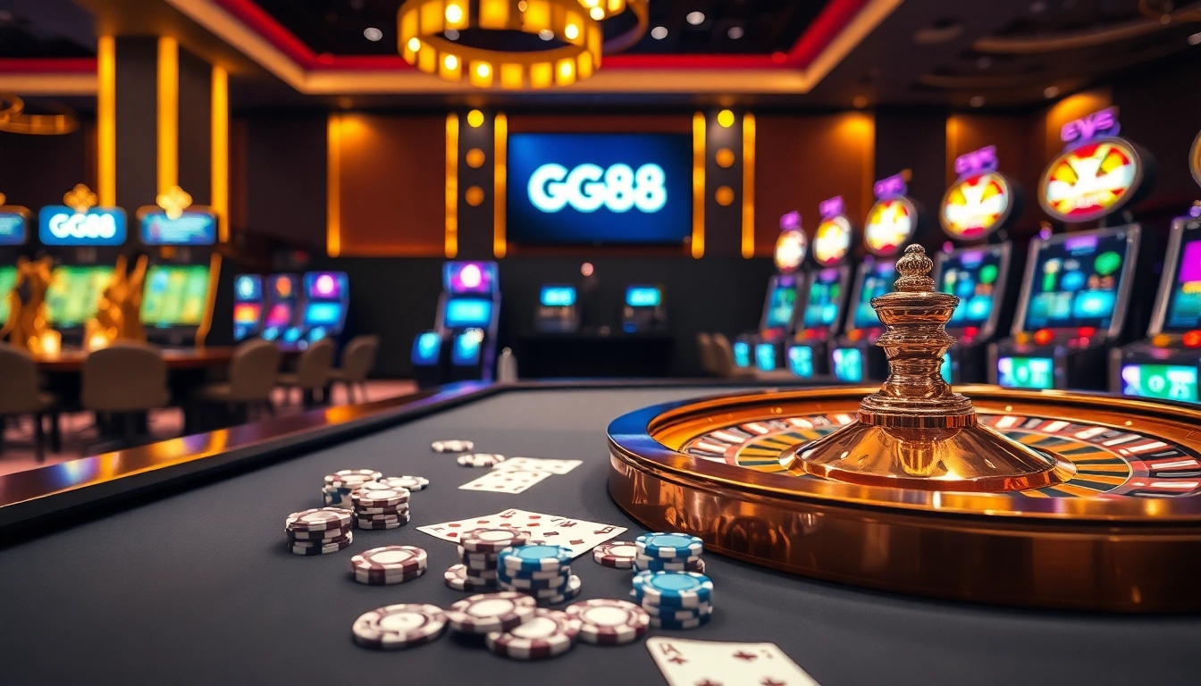 Experience the excitement of GG88 with a vibrant casino scene showcasing poker chips and a roulette wheel.
