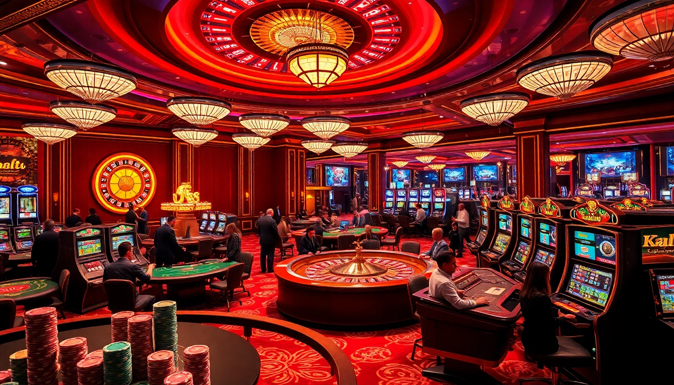 A dynamic casino scene showcasing Kjc us com with gamblers at roulette and blackjack tables.