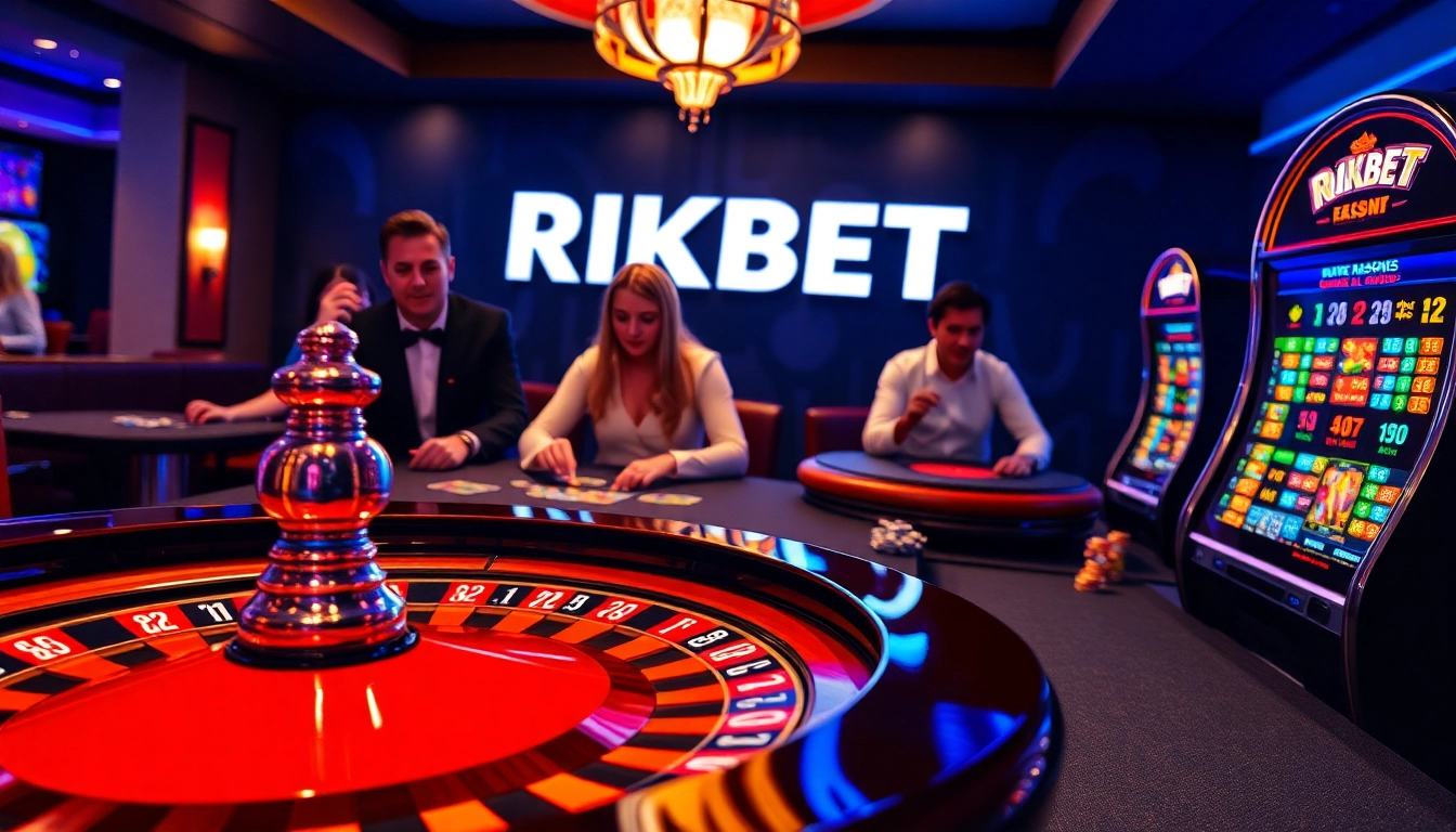 Experience the glamorous ambiance of RIKBET casino with intense poker players and spinning roulette wheels.